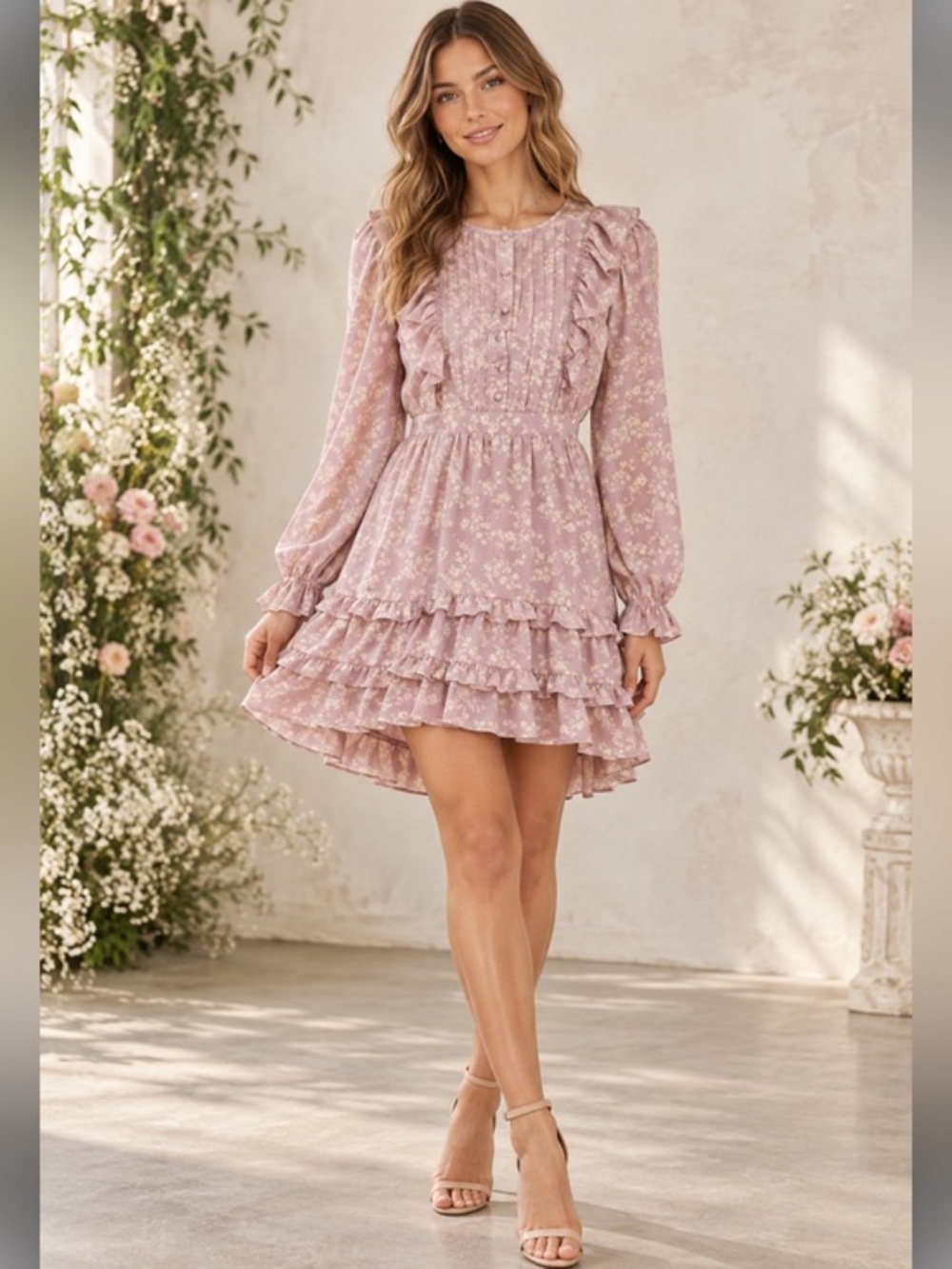 By the River Lavender Floral Ruffle Tiered Mini Dress Medium
